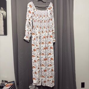 White and Orange Smocked Sundress with Bishop Sleeves